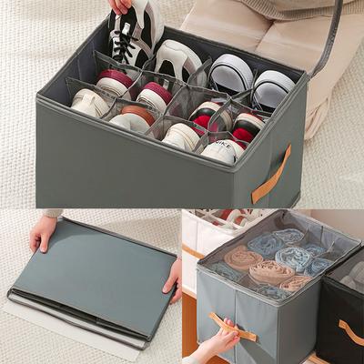 Shoe Storage Organizer with Adjustable Dividers Clear Cover, and Handle - Ideal for Closet Organization Multi-Purpose Fabric Box