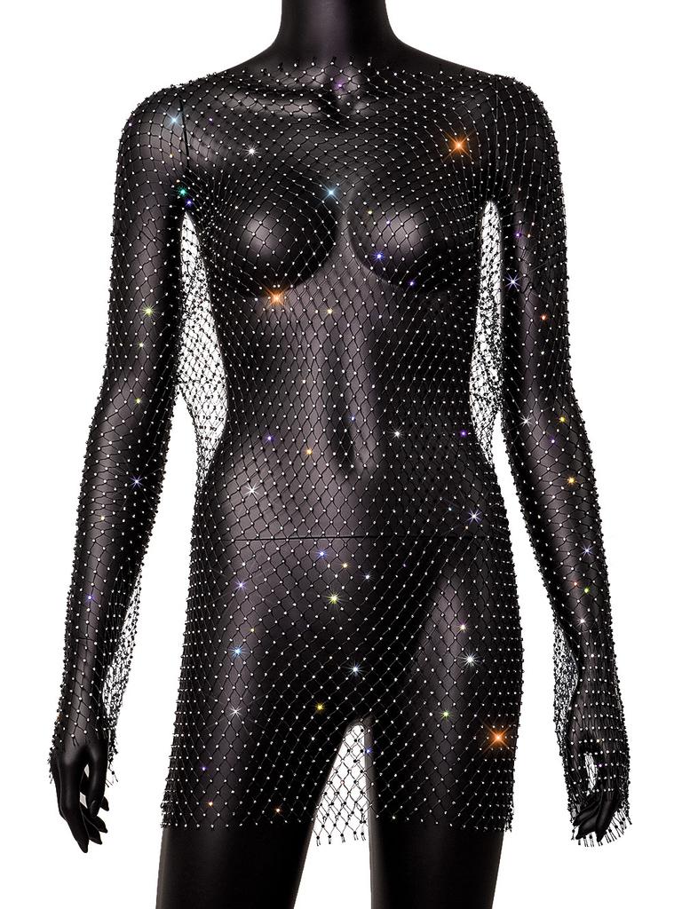 Women's Flared Sleeve Mesh Flash Diamond Crew Neck Dress Sexy Hollow Women's Dress