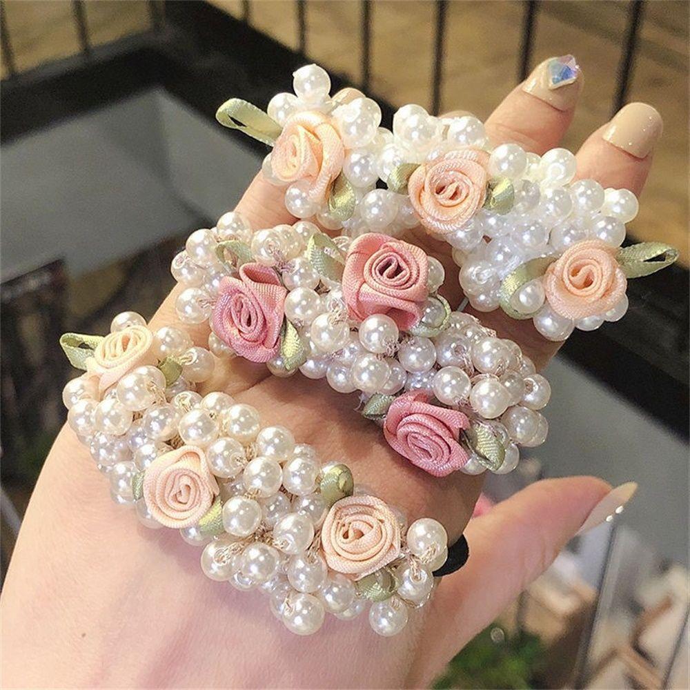 High Elasticity Ponytail Holder Pearl Head Rope Rubber Band Pearl Rose Flower Hair Loop Hair Tie