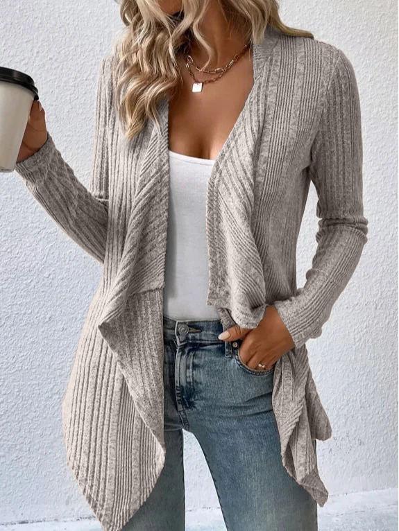 2026 Autumn/Winter Solid Color Ribbed Knit Cardigan - Open Front, Long Sleeve, Casual Women's Sweater