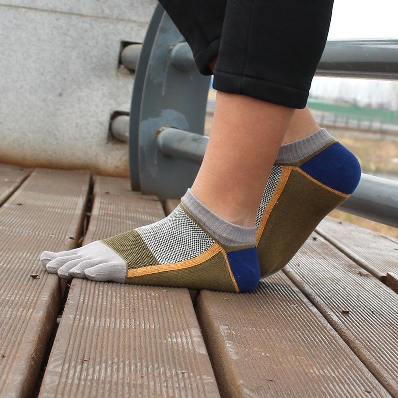 Men's Thin All-Cotton Five-Toe Low-Cut Crew Socks: Sweat-Wicking, Anti-Odor, Anti-Friction, Color-Blocking Design