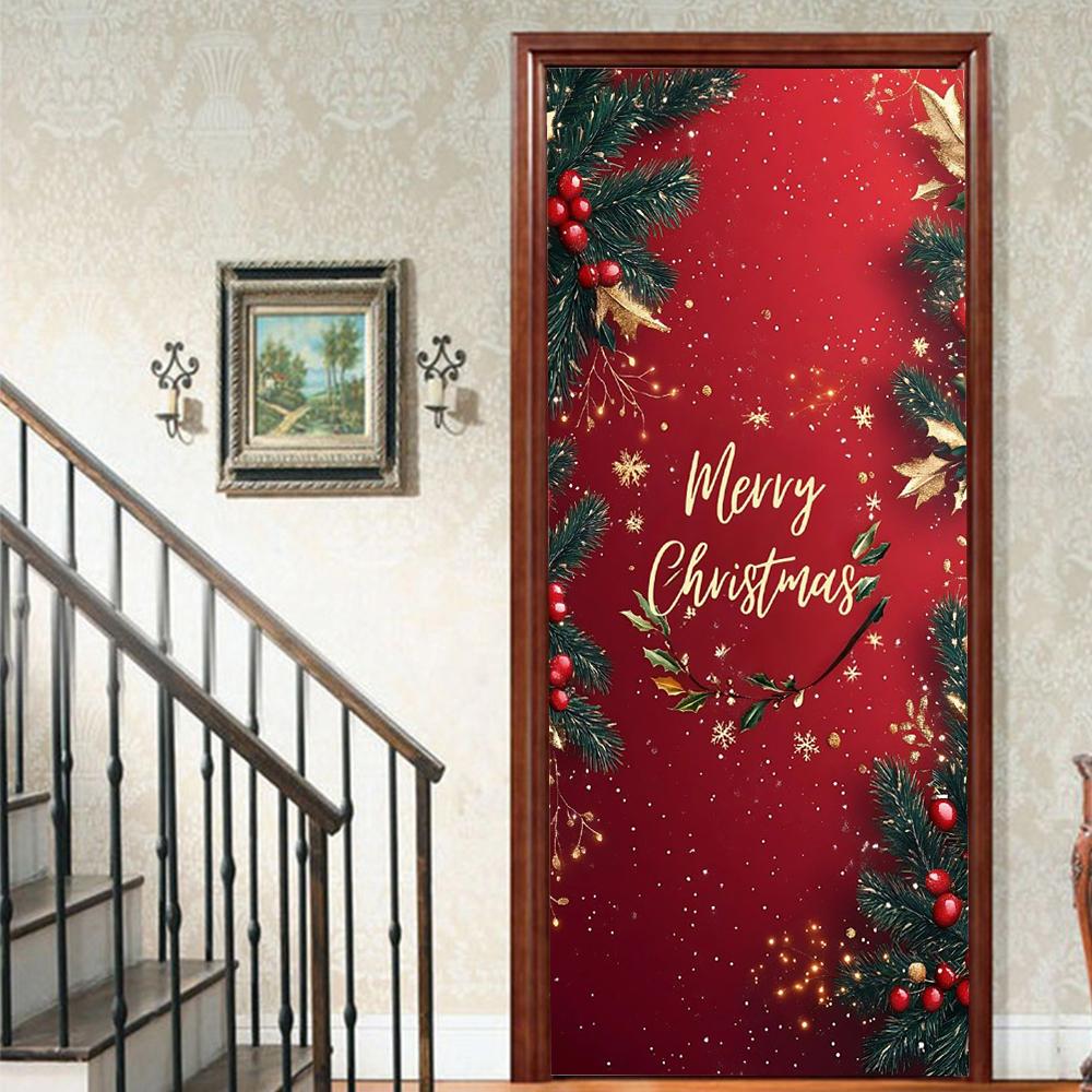 Christmas Tree PVC Self-Adhesive Waterproof Door Sticker Modern Simulation Door Mural Wallpaper Living Room Study Home Decor Art Door Poster