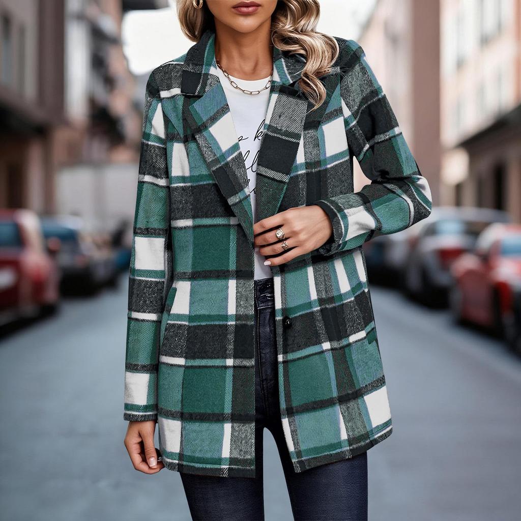 Women's Casual Fashion  Plaid Shirt Medium Woolen Coat