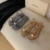 Grape Mother of the Same Style, Versatile and Noble Australian White Pearl Minimalist Leather Pinch T-band Flat Sandals Women