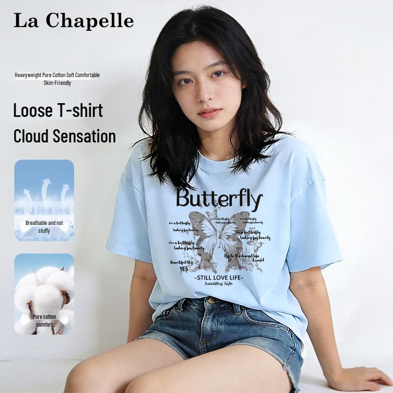 La Chapelle Women s American Retro Cotton T-Shirt with Butterfly Graphic L