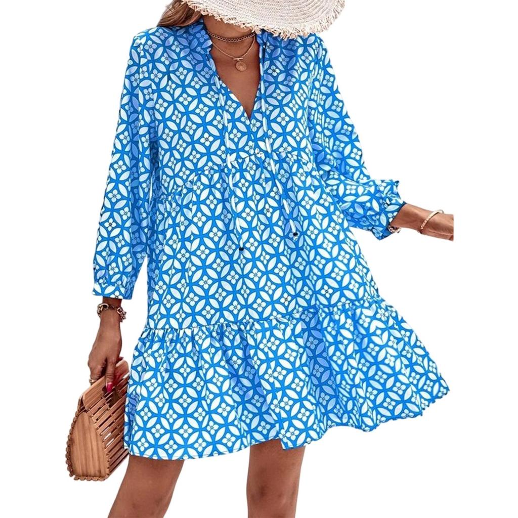 Women's Fashionable V-neck Fresh Printed Temperament Seven Inch Sleeve Dress