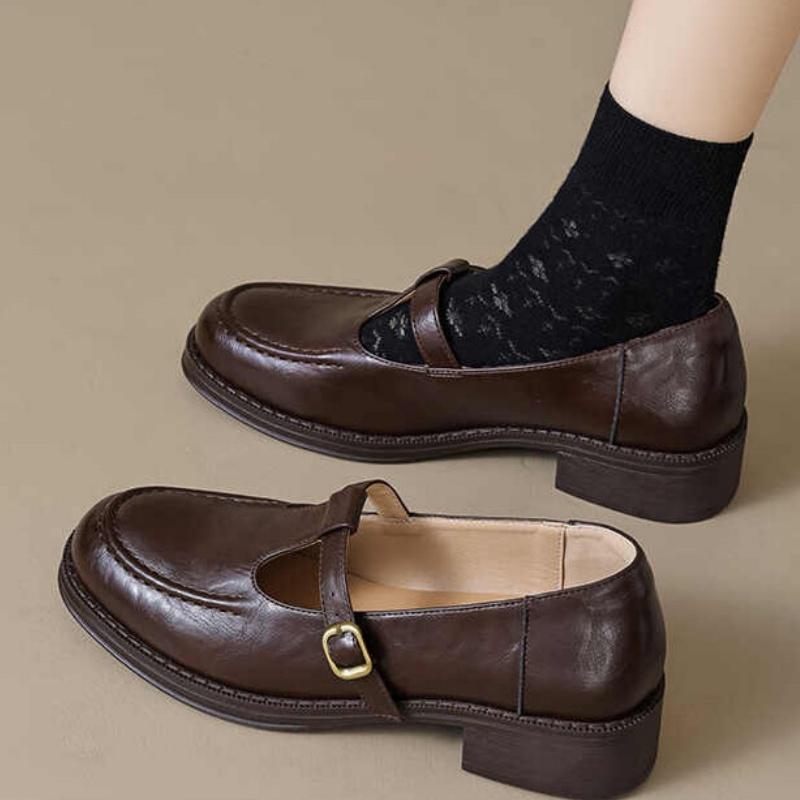 Fashion Leather Women's Flat Shoes 2025 Mary Jane Spring And Autumn Fashion Round Toe Shoes Buckle Comfortable Women Flats Shoes