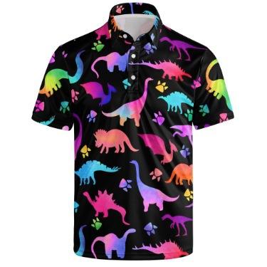Fun Dinosaur Print Short Sleeve Polo, Casual Stylish Top