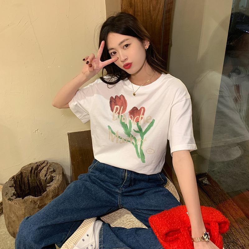 Women's Casual Short Sleeve T-Shirt Cute Cartoon Bear Print Loose Crew Neck Summer Basic Tee Top