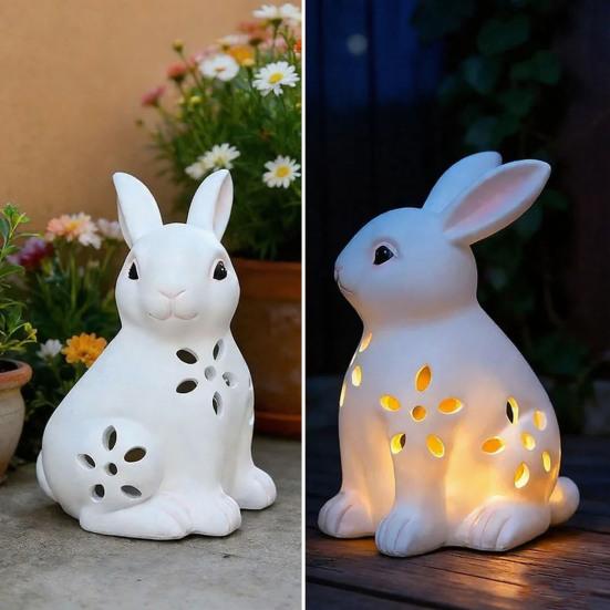 Easter Rabbit Candle Holder White Hollow-Out Bunny Tealight Holder Resin Rabbit Sculpture Candlestick Ornament with LED Candle for Home Mantel