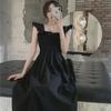 2023 Summer French-Style Pleated Waist Midi Dress with Flutter Sleeves and Square Neck