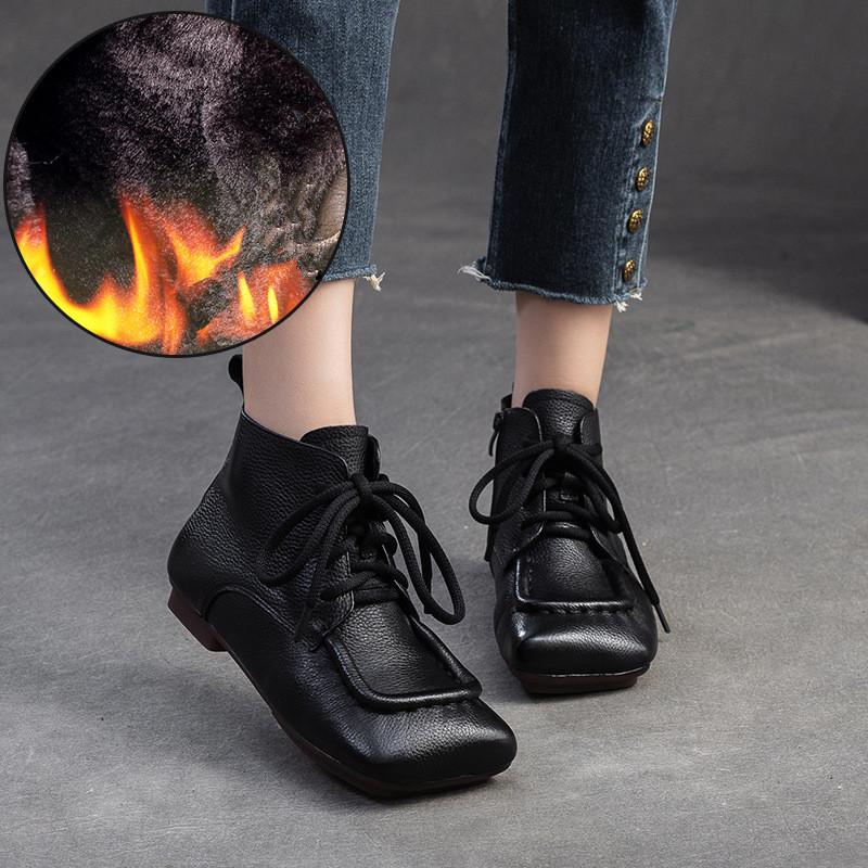 Johnature Kurze Stiefel aus echtem Leder im Retro-Stil mit bequemer, quadratischer Zehenpartie und Schnürung für Damen