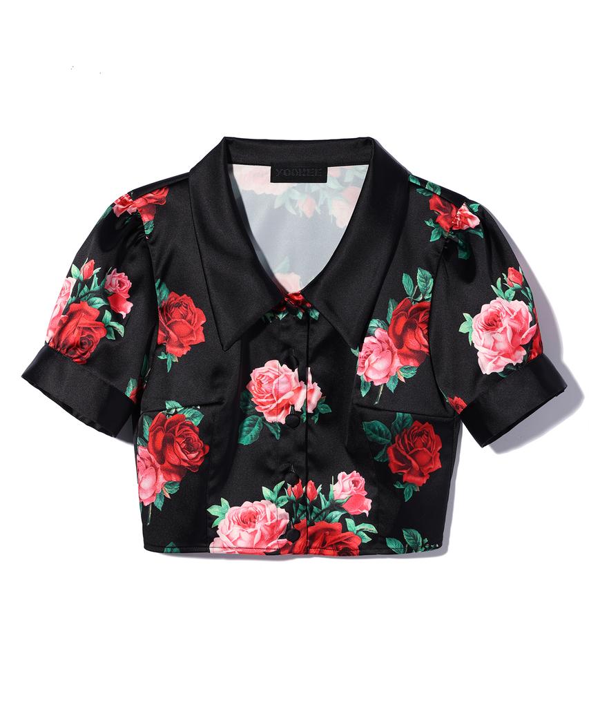 YOUHEE Satin Flower Pattern Blouse Black