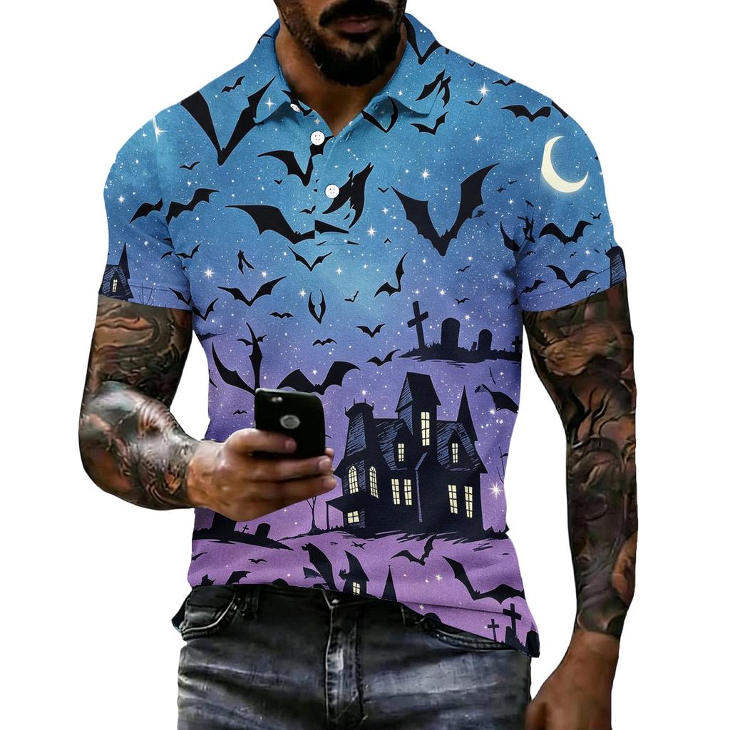 Unisex Loose Fit Casual Short Sleeve Polo Shirt with Halloween Themed Print for Everyday and Seasonal Wear