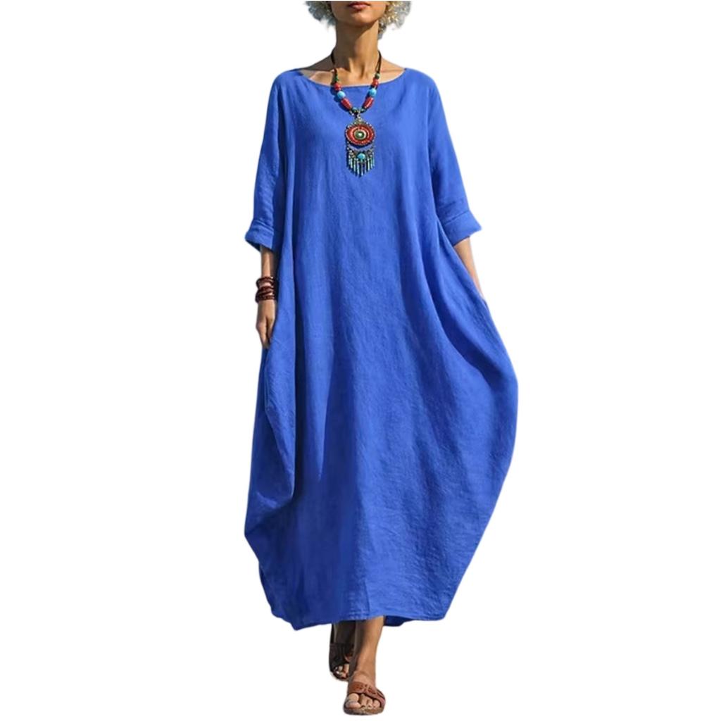 Loose Fit Casual Maxi Dress for Women Crew Neck Half Sleeve Solid Long Kaftan Oversized Summer Linen Dress