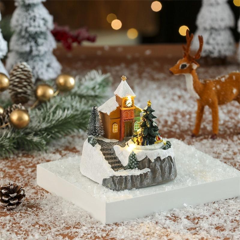 LED Illuminated Christmas Rotating Music Box Snow House Scene Ornament Battery Operated Desktop Decoration for Home