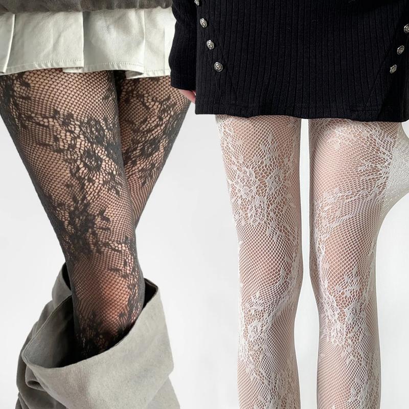 2026 Retro Floral Lace White Black Stockings Korean Sexy Hollowed Out Lace Mesh Stockings with Bottom Pantyhose for Women Tights