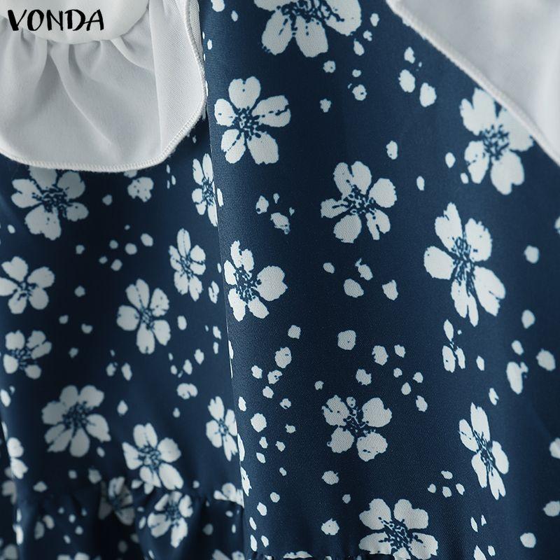 VONDA Rochie Elegantă Casual pentru Femei cu Guler Păpușă, Imprimeu Floral Patchwork, Mânecă Lungă