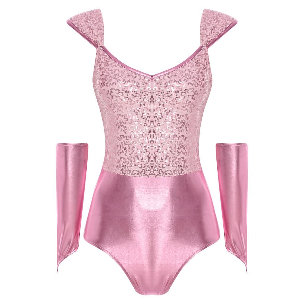 Womens Glitter Bodysuit Sequin Metallic Shiny Removable Sleeves Patchwork Slim Fit Leotard Clubwear Halloween Costume