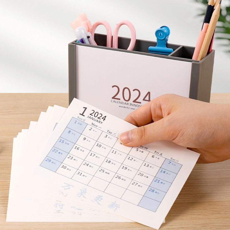 Multifunctional Desk Pencil Holder with 2024 Monthly Calendar, Office Desktop Organizer Pen Holder for Student Teacher