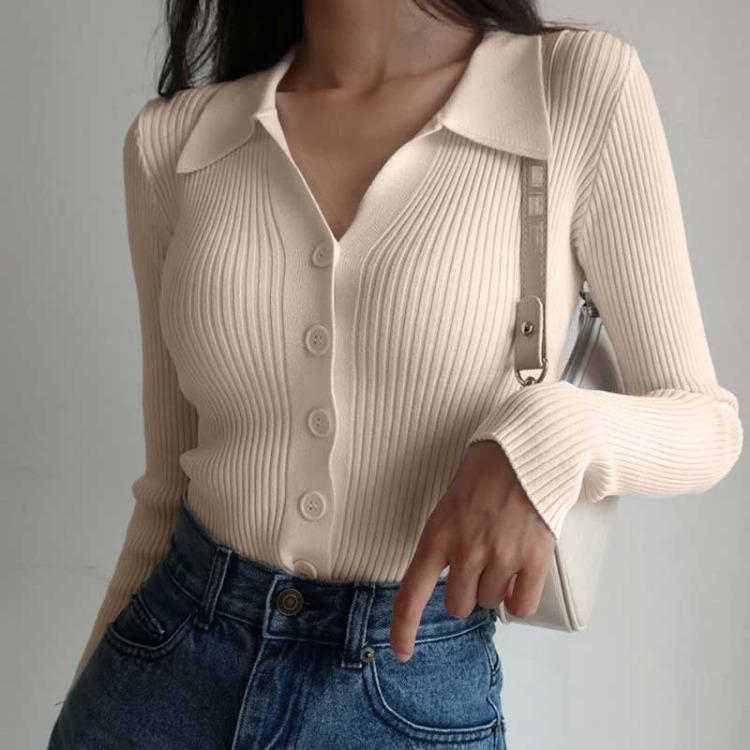 Women Solid Color Turn Down Collar Long Sleeve Hollow Buttons Knitted Pullovers Sweaters One Size Tops Spring Autumn