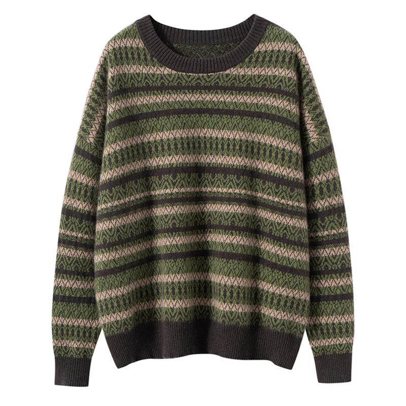 Women's Pure Cashmere Jacquard Stripe Sweater - Loose Fit, Round Neck, Autumn/Winter Style