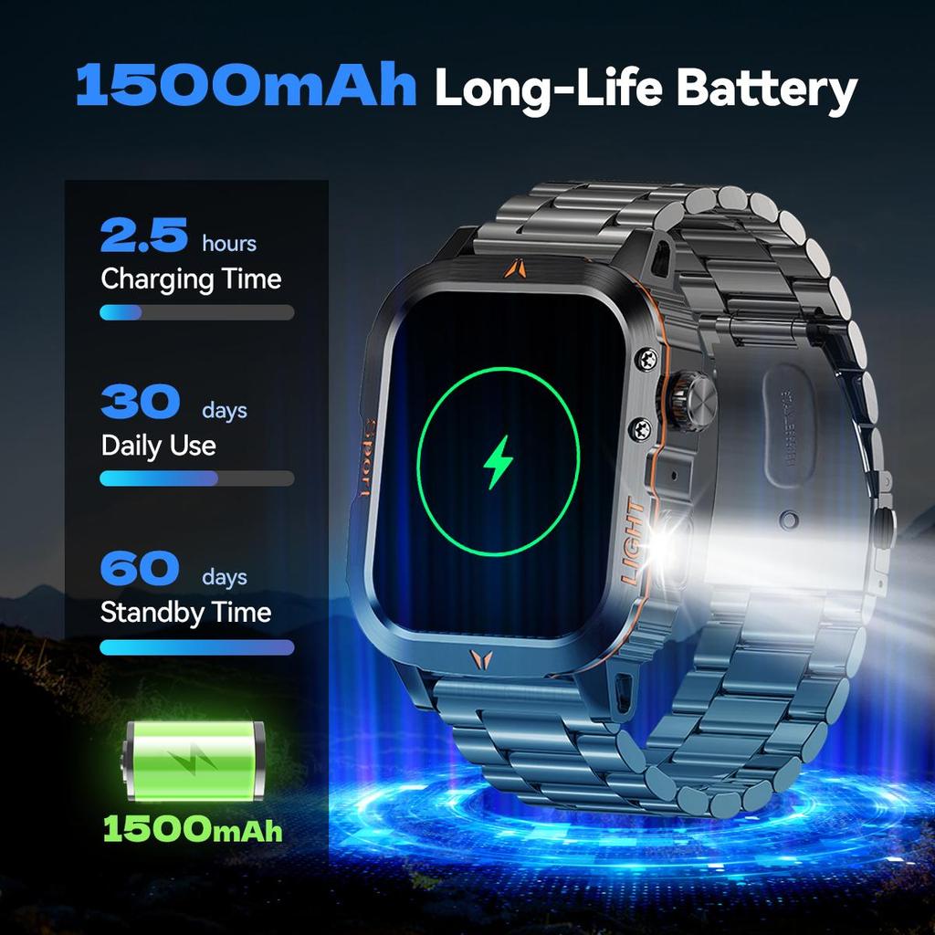 Robustes und langlebiges Militär-Smartwatch 1500mAh Akku 30-Tage Blouetooh Anruf Multifunktionalität, LED-Taschenlampe 150 Sportmodi Android iPhone.