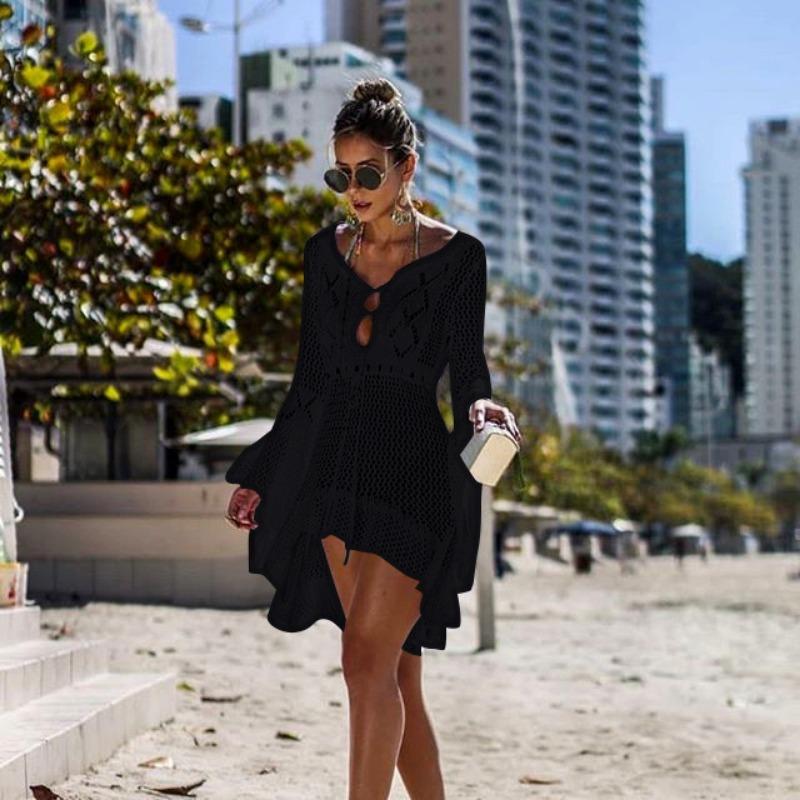 Women's Hollow Out Sun Shirt Flared Sleeve Beach Cover Up Bikini Outer Shirt Knitwear