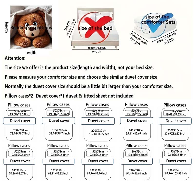 Plüsch-Teddybär unter weicher Decke Bedrucktes Bettwäsche-Set 1 Bettbezug + 2 Kissenbezüge verschiedene Größen Schlafzimmer Bettwäsche Dekor