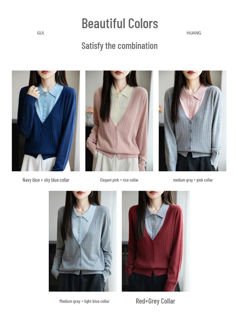 2025 A/W Women’s Loose Knit Cardigan – Polo Collar, Layered Look, Long Sleeve Outerwear