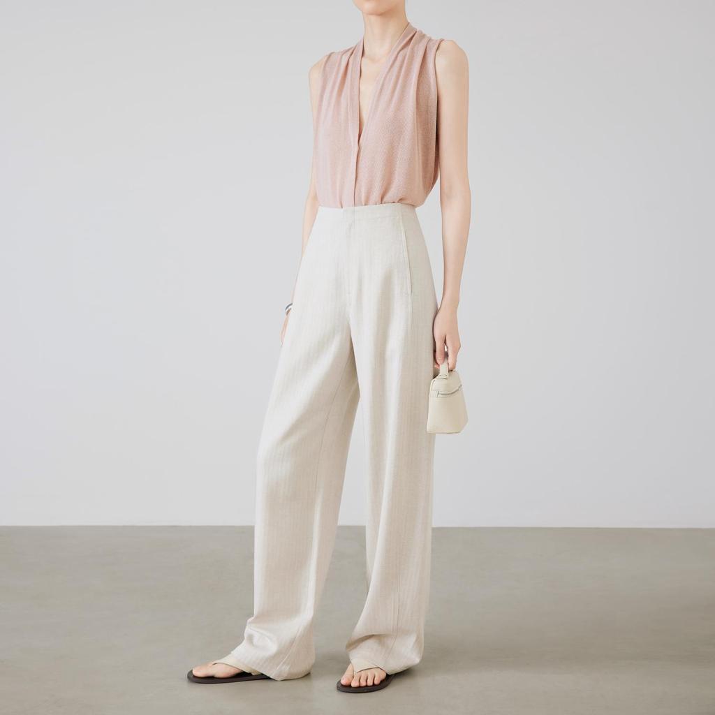 Women's Anti-Wrinkle Tencel Linen Pants, Spring/Summer, Loose Herringbone, Wide-Leg Design, Original Linen Color, Style 7896.