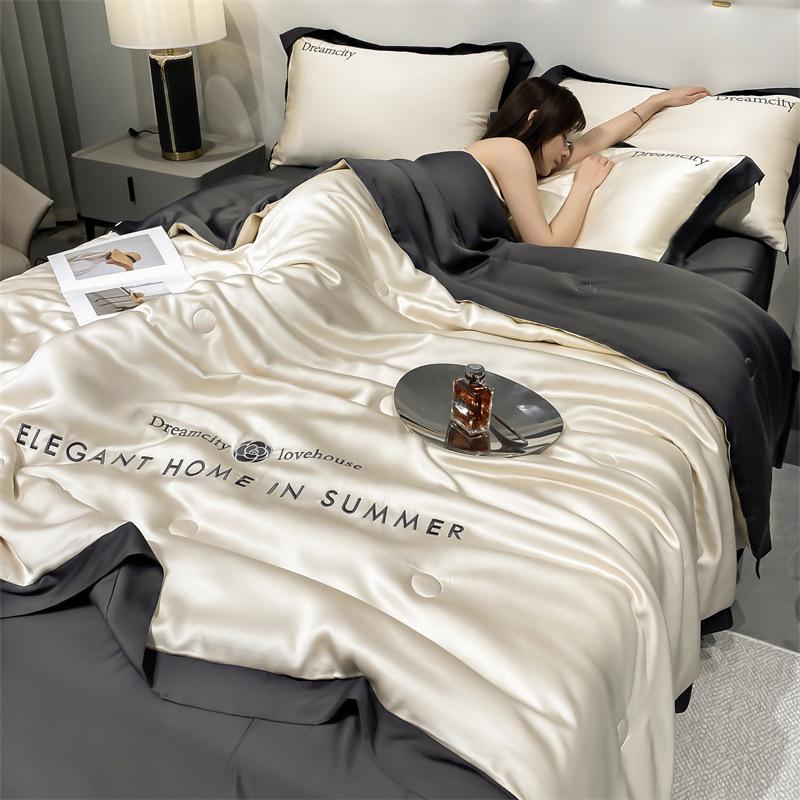 Class A Ice Silk Water Washable Summer Quilt Set - Naked Sleep Embroidery, Thin Blanket, Air Conditioning Quilt, Four-Piece Gift.