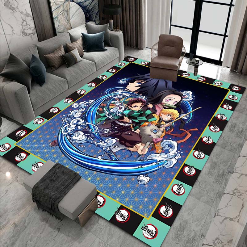 Cute cartoon Kimetsu no Yaiba rug, suitable for playrooms, bedrooms, living rooms, sofas, and other home décor; non-slip rug for