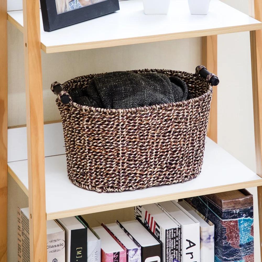 Oval Seagrass Storage Basket with Wooden Handles Brown Decorative Baskets Home Organization Woven Small Item Storage