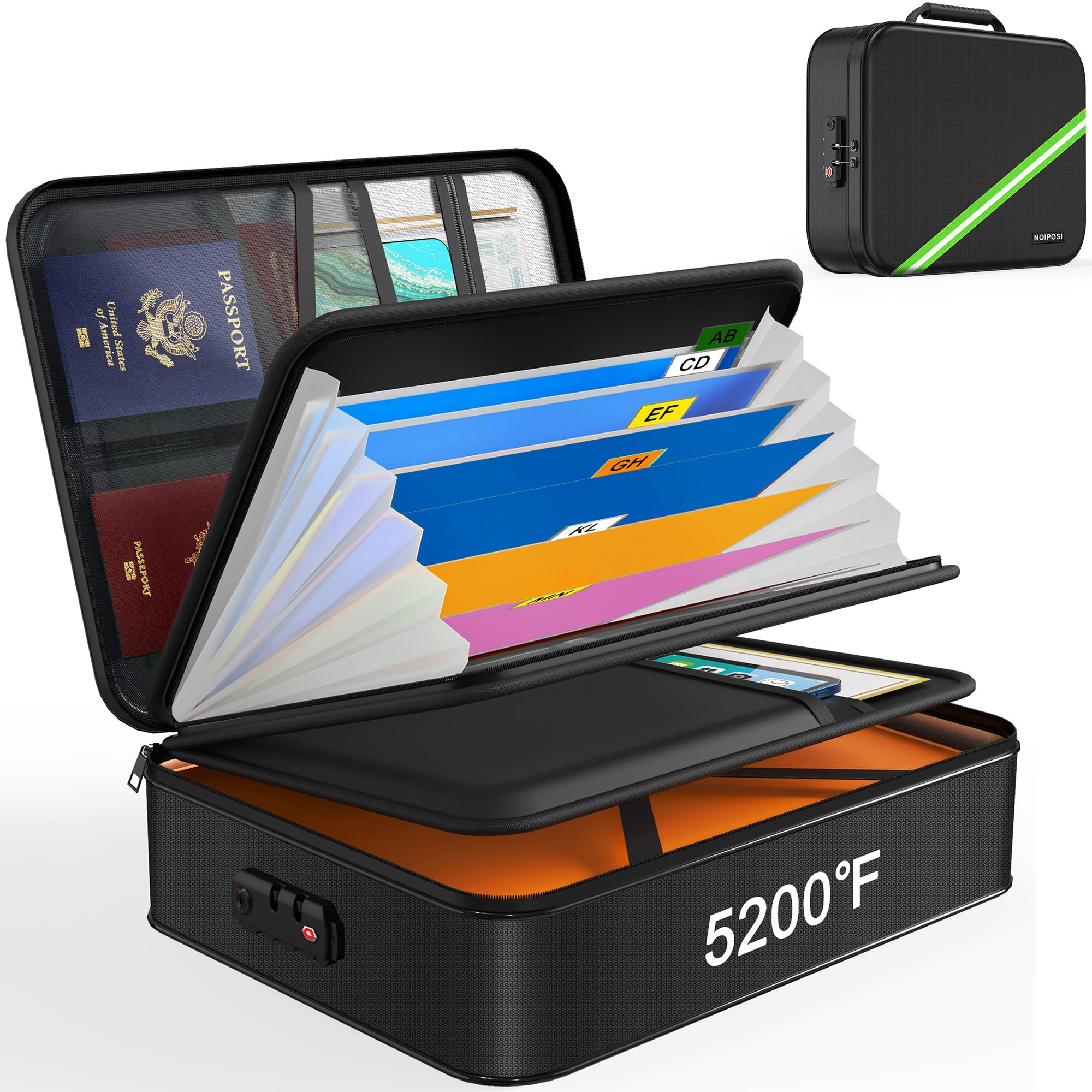 

Noiposi Огнеупорный Документ Водонепроницаемый и Огнеупорный Портативный Домашний Дорожный Сейф Коробка для Хранения для Юридического Формата Рождения Черный 2800°C Коробка, 38x28x11см, Сумка, чёрный