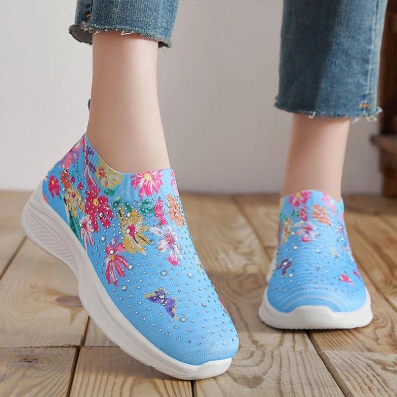 Fashion Spring Autumn New Women's Fashion Vulcanize Shoes Water Diamond Casual Breathable Shoes Slip On Printed Women's Sports Shoes