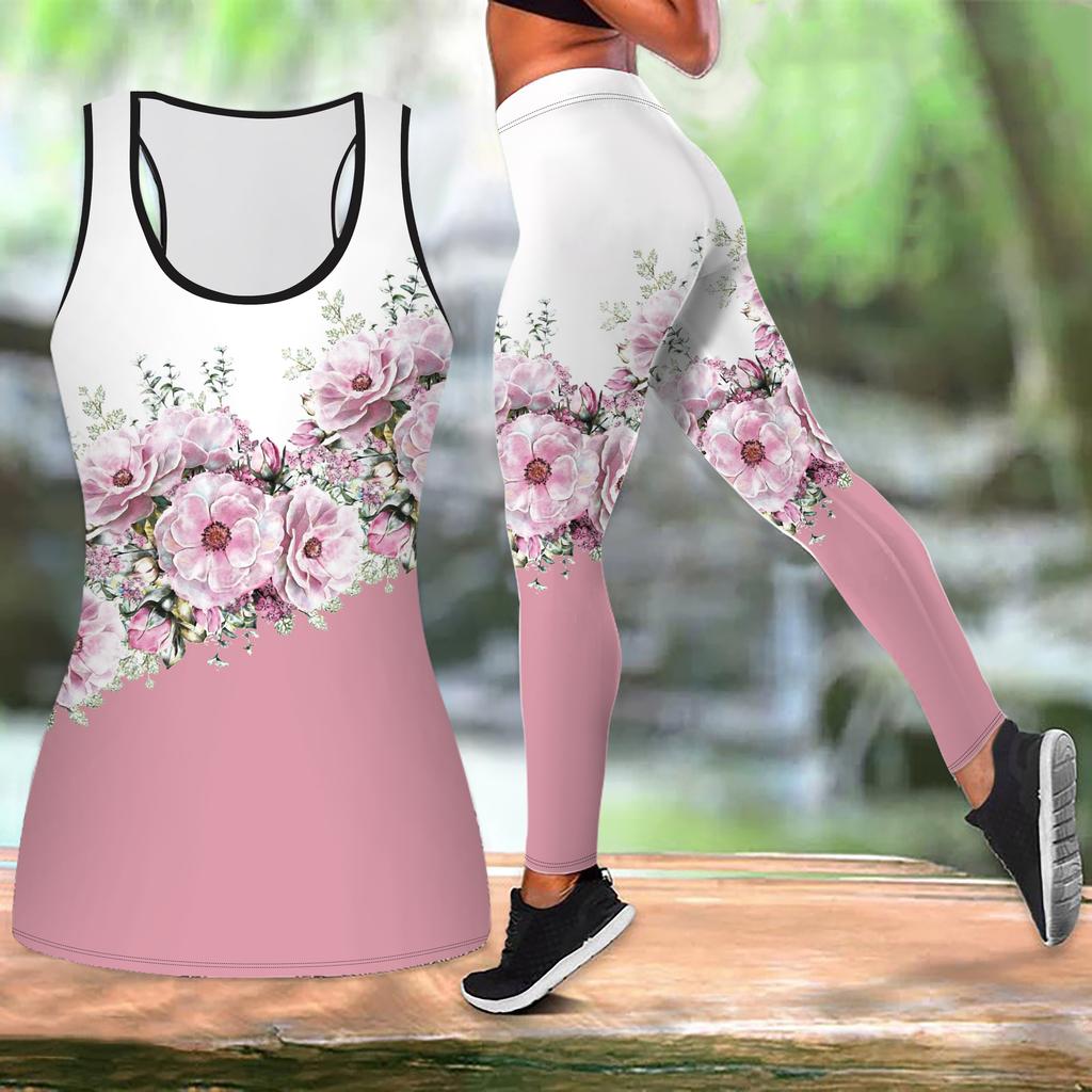 Černobílý jógový outfit s potiskem poloviny růže pro ženy Módní cvičební legíny Fitness Sportovní ležérní jógová souprava Sportovní oblek