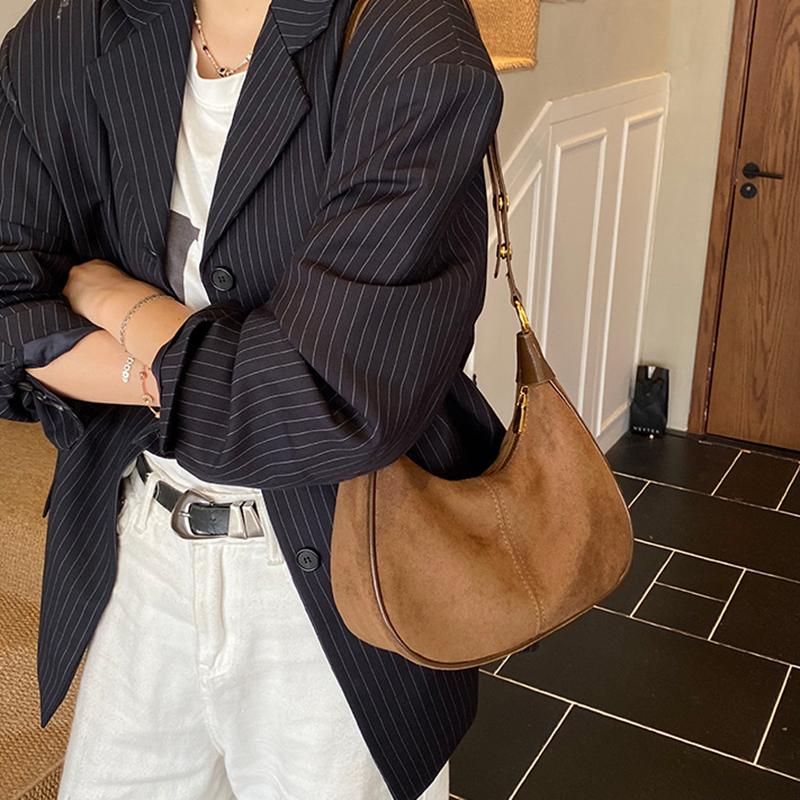 Faux Suede Solid Color Large Capacity Hobos Shoulder Bags for Women High Quality Versatile Undearm Ruched Handle Bags