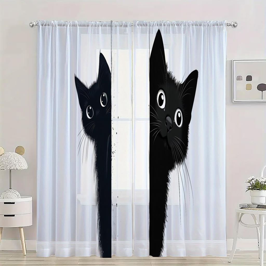 2 Pieces Hd Digital Black And White Kitten Printed Window Screen Home Decor Style Decoration Living Room Window Curtain