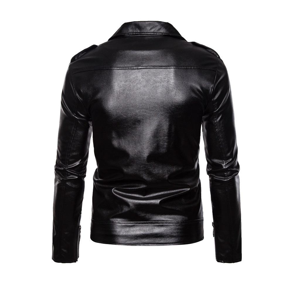 Men Long Sleeved Leather Jacket Pure Color Fashion Men's Diagonal Zipper Sports Casual Jacket