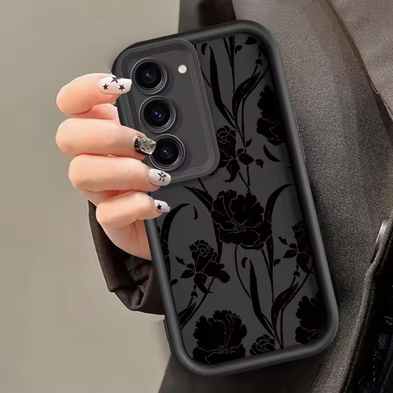 Black Rose Flower INS For Samsung Galaxy Case S24 S23 S22 S21 Ultra Plus Fe A55 A54 A53 A52 A35 A25 A15 A14 5G Phone Y2k Cover