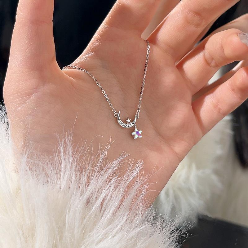 Zircon Moon Star Necklace Female Smart Symphony Moonstone Pentagram Pendant Light Luxury Star Moon Collarbone Chain