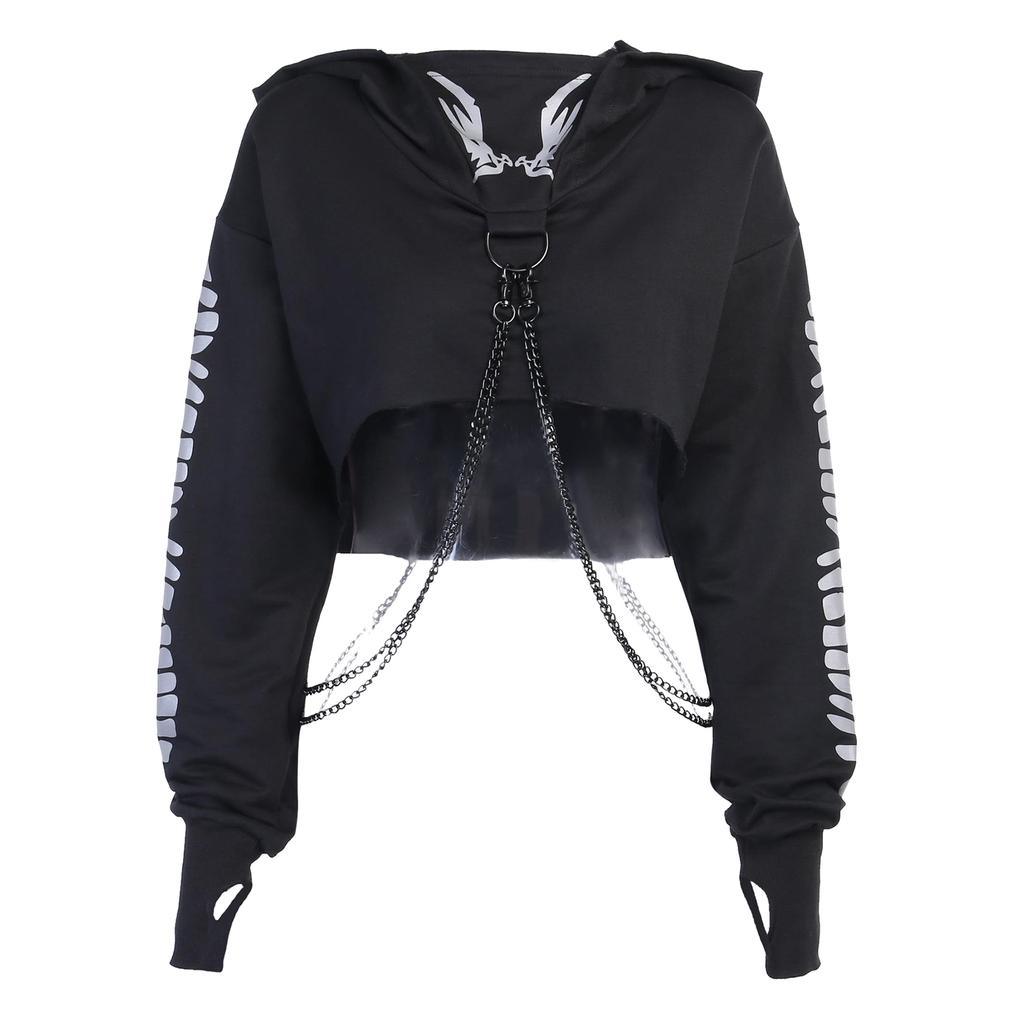 Felpe Crop Top con Stampa Riflettente Gothic da Donna Pullover Sweatshirt Jumper con Catena a O-ring Rimovibile