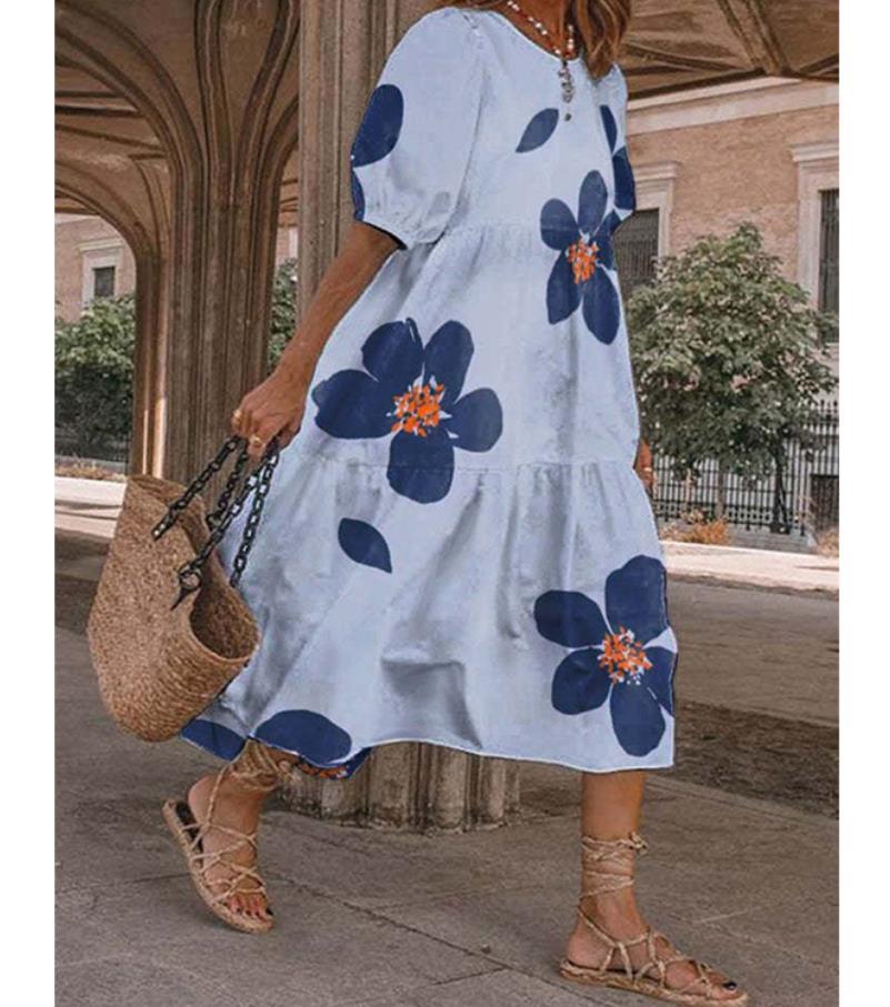 

New summer women s printed dress vacation style loose large size beach dress XXXL синій