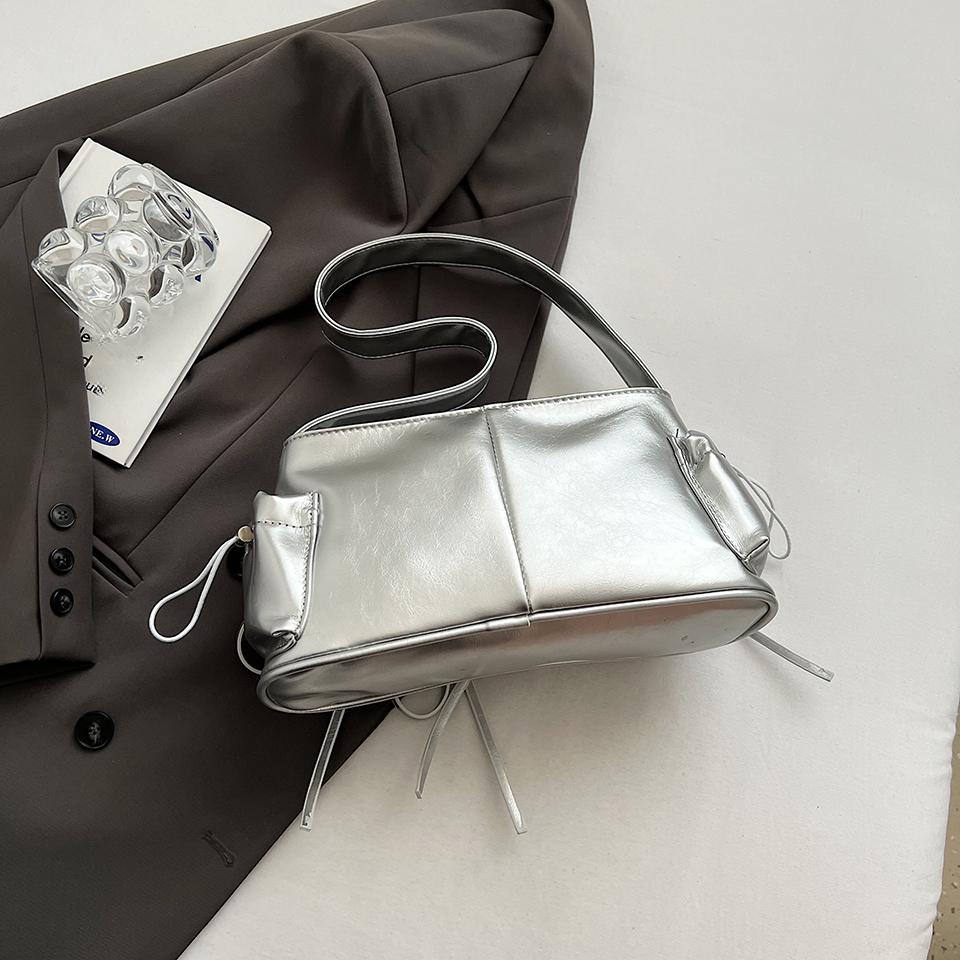 Double Pockets Design PU Leather Shoulder Bags for Women 2024 New Fashion Trend Crossbody Bag Female Silver Handbags