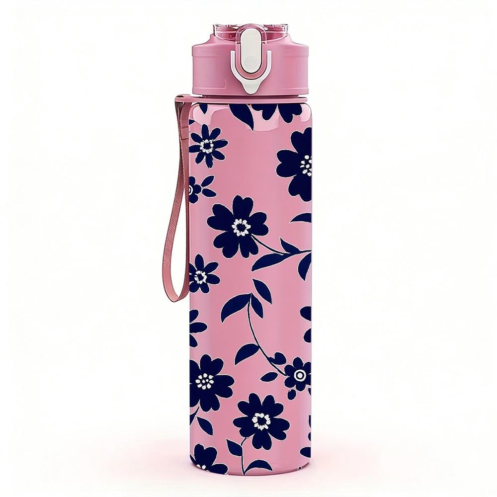 1PC Dark Blue Flower Seamless Pattern Print 750ml Color Plastic Sports Water Bottle Leakproof Flip Straw Lid Suitable for Sports Office Home Use