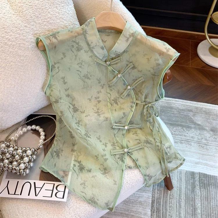 

2025 лето зеленая рубашка без рукавов на пуговицах с принтом воротник дзэн сетчатый топ M (recommended within 50kg)