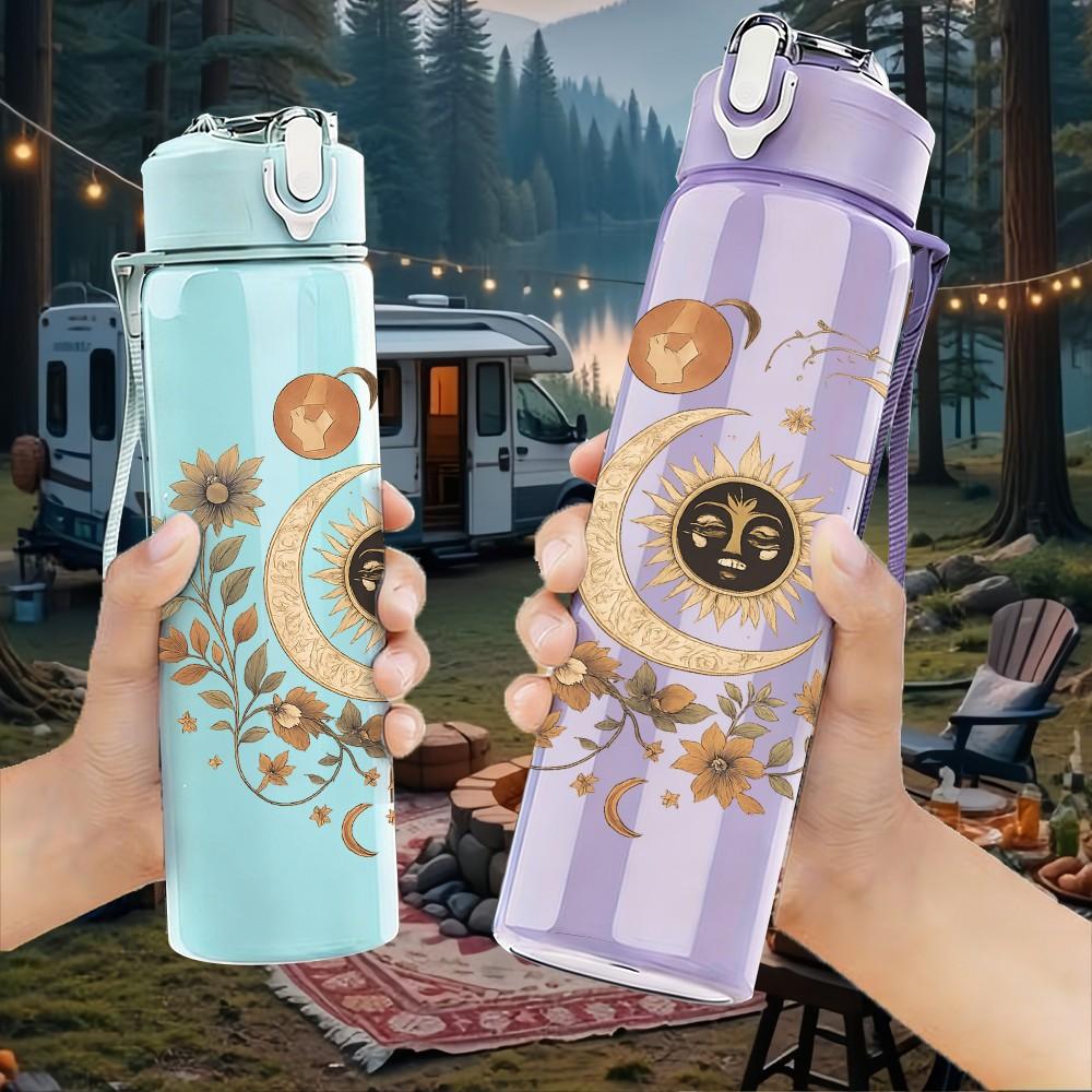 1PC Vintage Moon Star Pattern 750ml Color Plastic Sports Water Bottle Leakproof Flip Straw Lid Suitable for Sports Office Home Use