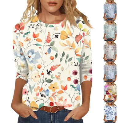 Dames Casual Mote Trykk Rund Hals Trekvart Erme T-skjorte Topp Trendy Topper for Kvinner 2024 Dames Sommer Topper