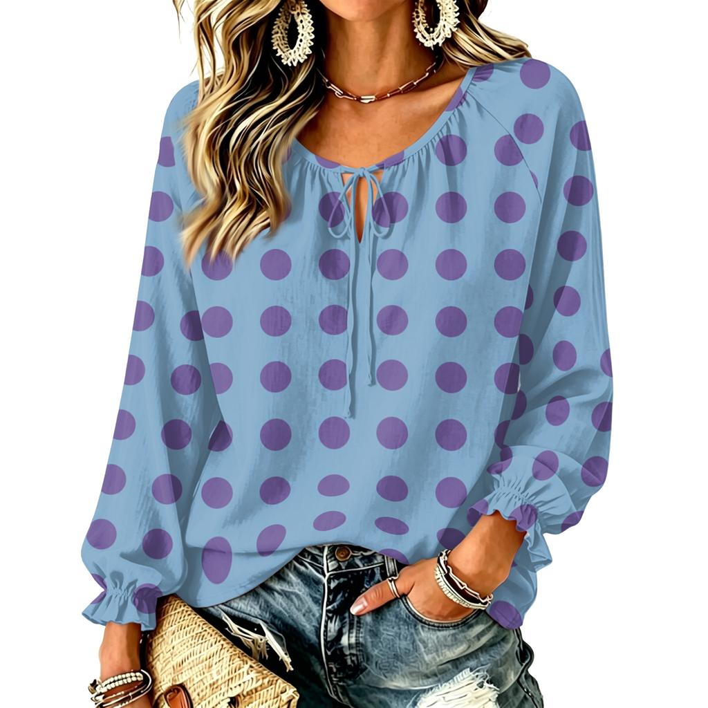 Women's Vintage Polka Dot Long Sleeve Pullover Top with Ruffle Trim and Tie Neck